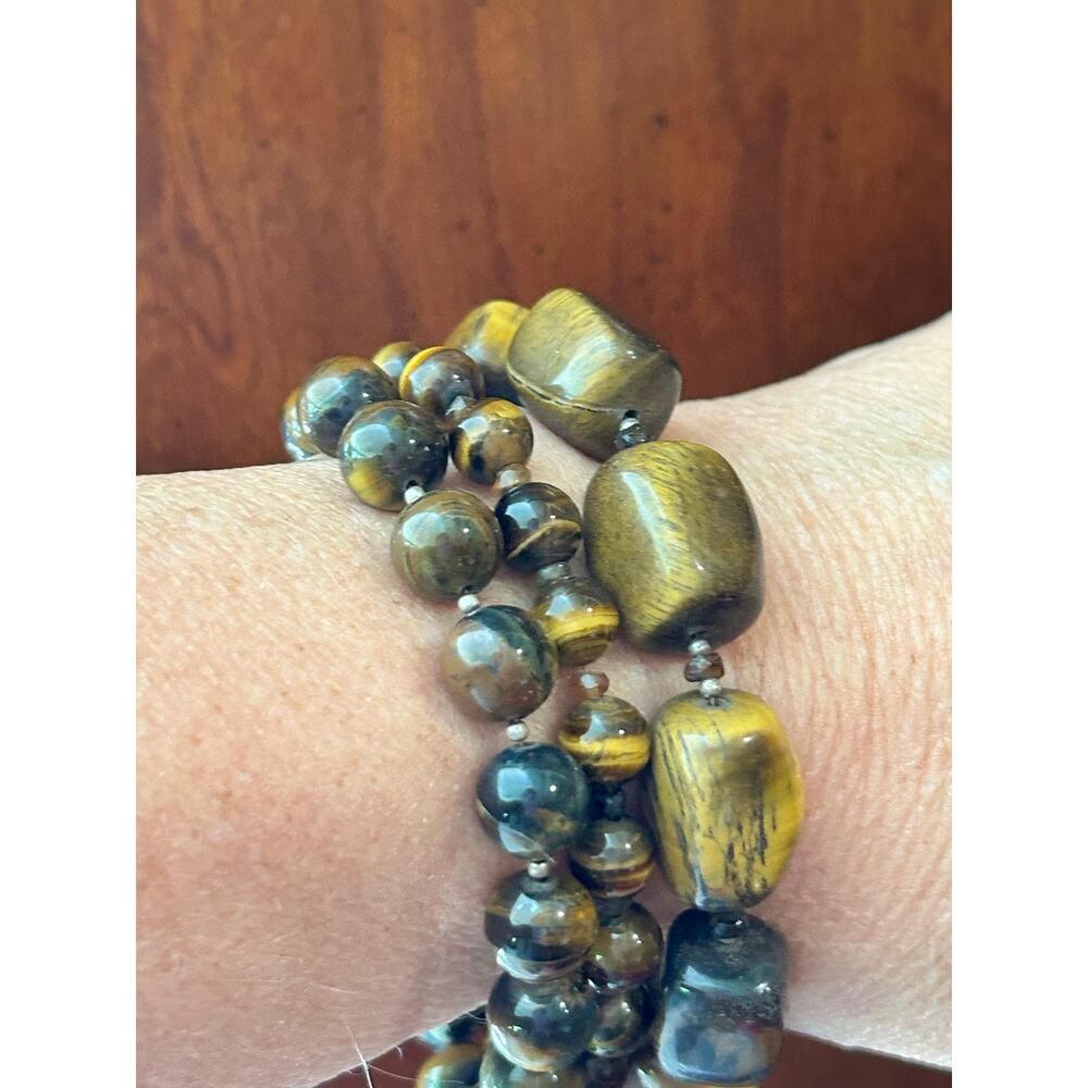 Natural Tiger’s Eye 3-Row Beaded Bracelet Triple Strand Statement 8"